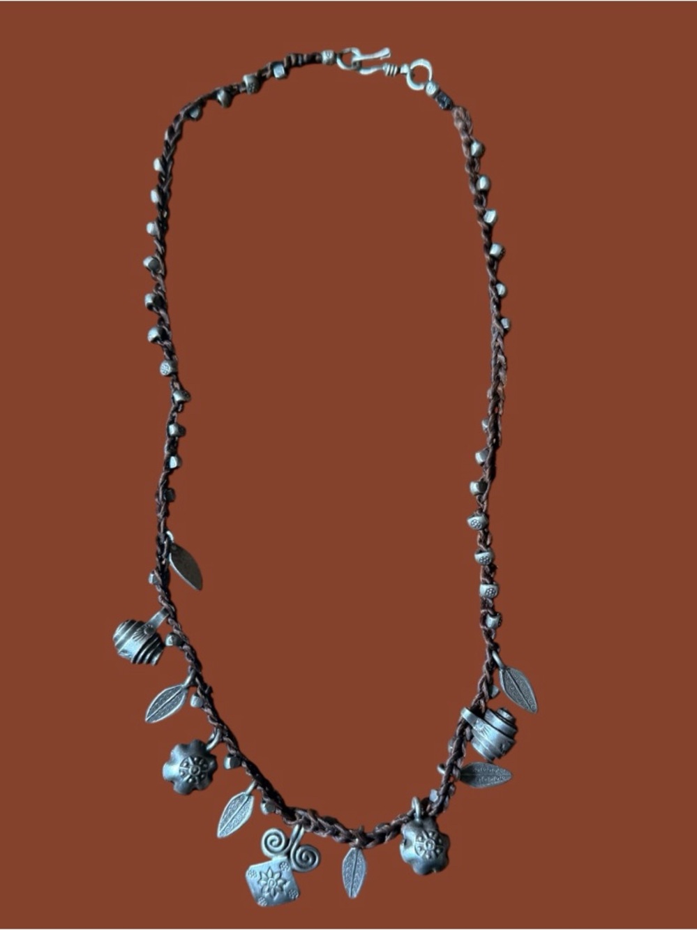 Vintage  Braided  Choker with India Silver Charms-leaves, chai, flowers, bells